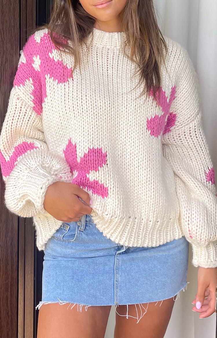 Beginning Boutique Ryver Cream Flower Knit Sweater cream chunky knit sweater with pink flower pattern crew neck and long balloon sleeves oversized fit