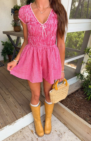 Beginning Boutique Raldo Red Gingham Playsuit red gingham V-neck playsuit with shirred bodice and short puff sleeves