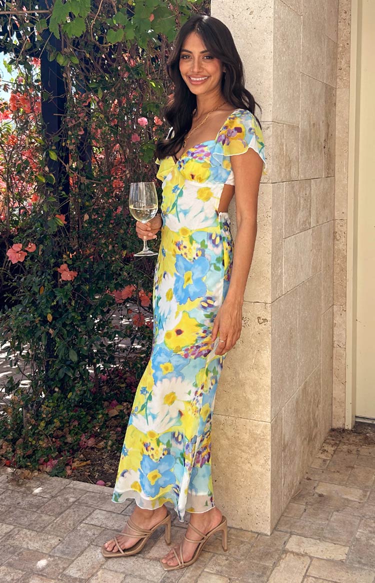 Beginning Boutique Raymi Blue Floral Chiffon Maxi Dress white blue yellow floral print sweetheart neckline flutter sleeve side cutout