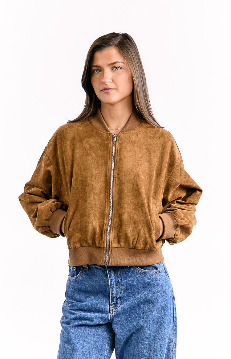 Front view of a brown suedette bomber jacket with a silver zipper and ribbed cuffs and hem