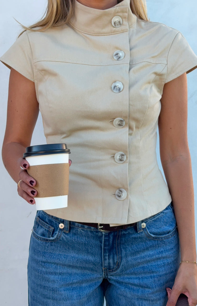 Reegan Beige Button Collar Top
