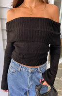 Beginning Boutique Joey Black Off Shoulder Sweater black ribbed knit off-shoulder sweater with long sleeves