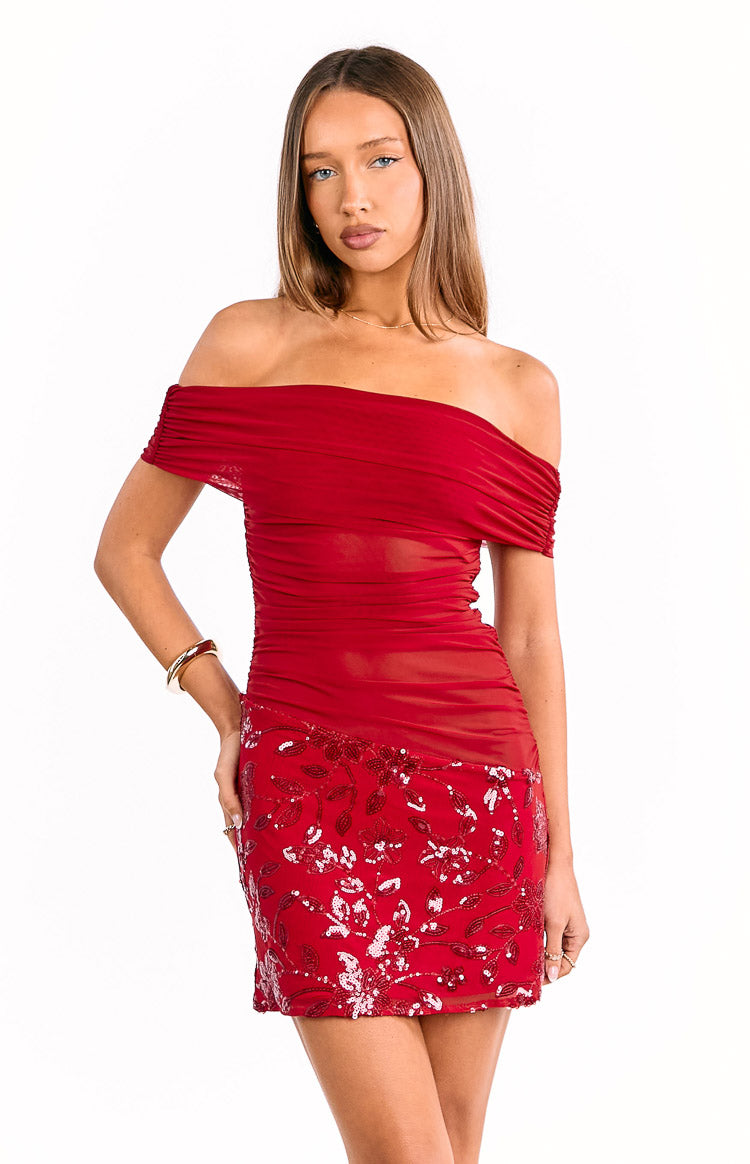 Red off-shoulder ruched mesh mini dress with a sequin floral pattern on the skirt