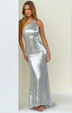 Beginning Boutique Riella Silver Sequin Maxi Dress silver sequin one-shoulder bodycon maxi dress