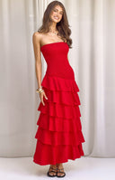 Beginning Boutique Riles Red Strapless Ruffle Maxi Dress red strapless shirred bodice tiered ruffle maxi dress