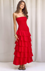 Red strapless maxi dress with a shirred bodice and tiered ruffle skirt