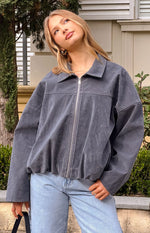 River Steel Grey Suedette Bubble Hem Bomber Jacket Image