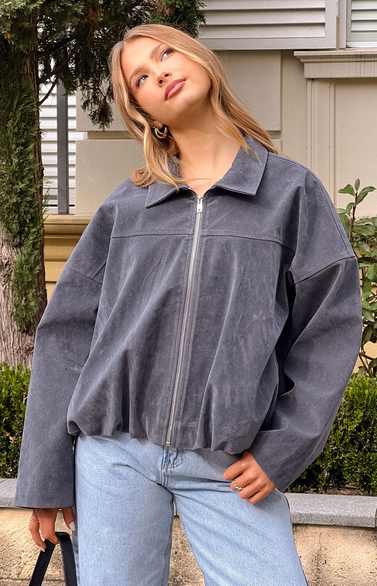River Steel Grey Suedette Bubble Hem Bomber Jacket Image