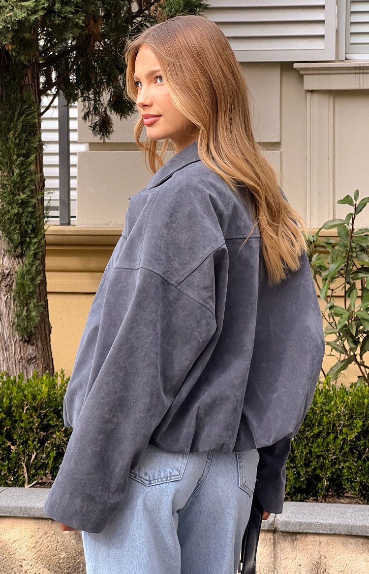 River Steel Grey Suedette Bubble Hem Bomber Jacket Image