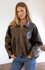 River Vintage Brown PU Bubble Hem Bomber Jacket Image