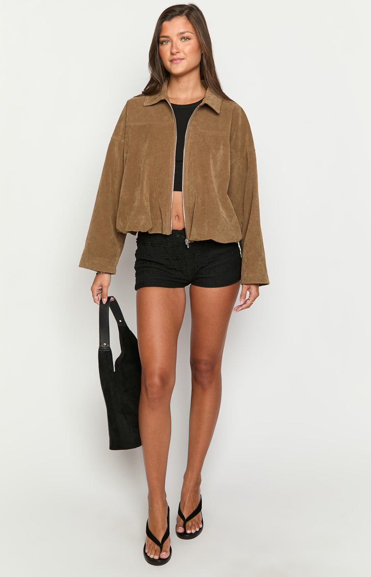 Brown suedette bomber jacket with a wide collar, open front zip, and elasticated bubble hem