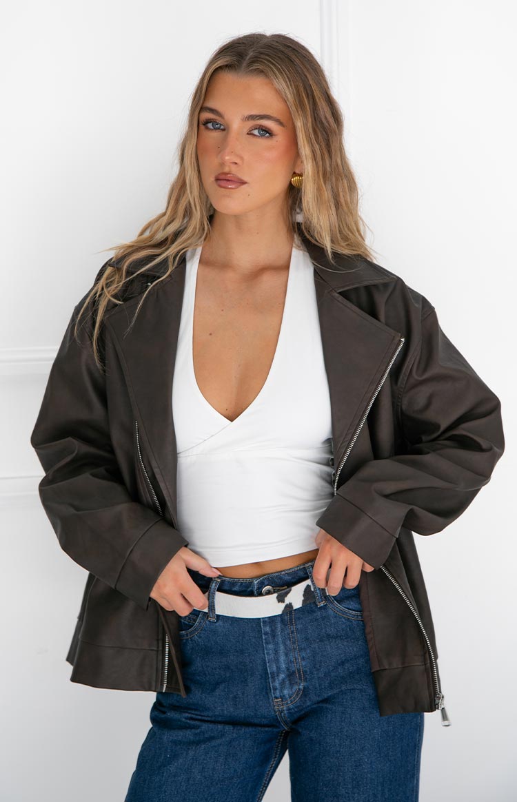 Open chocolate brown PU oversized biker jacket with wide lapels and silver zipper details