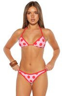 Beginning Boutique Roma Pink and Red Polka Dot Contrast Bind Bikini Bottoms pink polka dot low-rise cheeky bottoms with red b