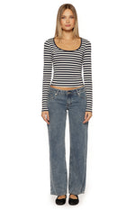 Front view of a navy and white striped long sleeve top with a scoop neck and cropped fit