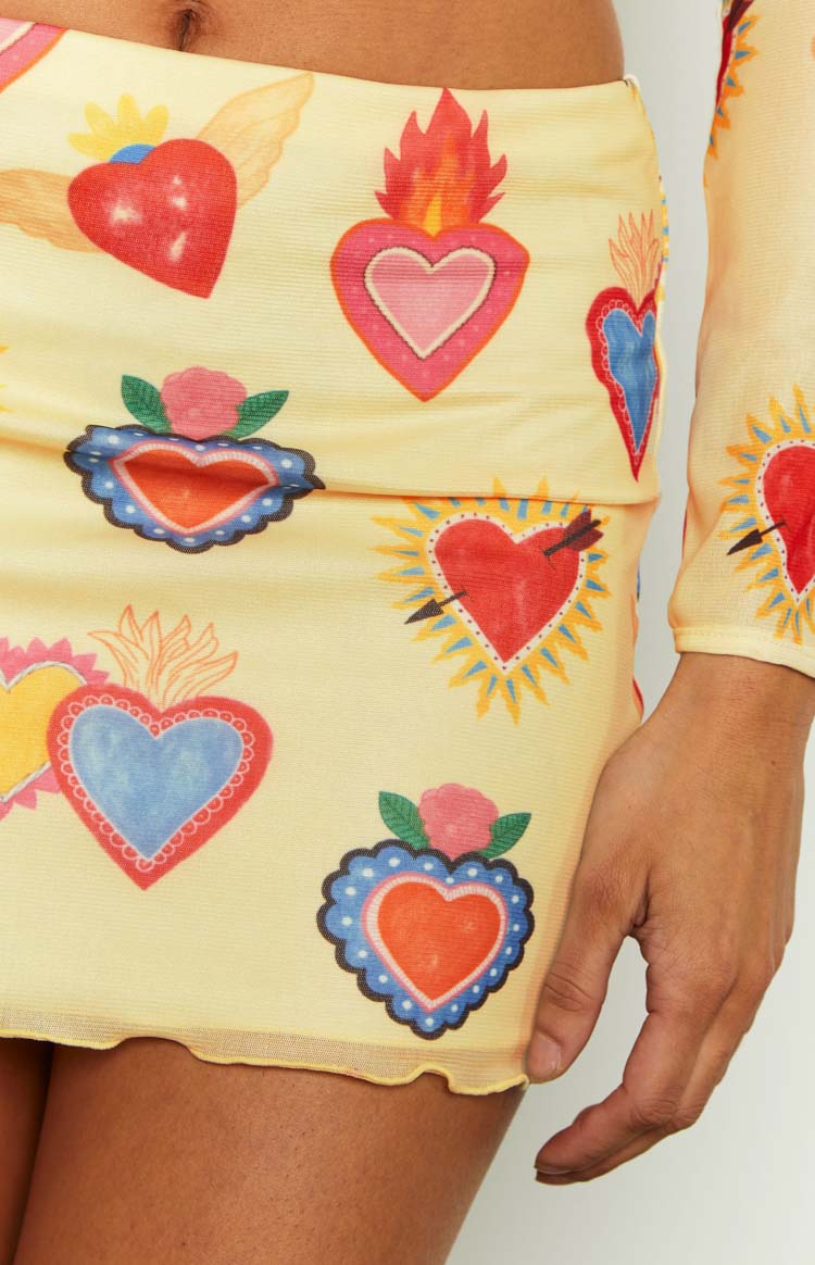 Rosaline Yellow Heart Printed Mesh Mini Skirt Image