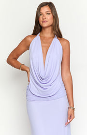 Purple mesh halter top with a deep cowl neckline and ruched side detail