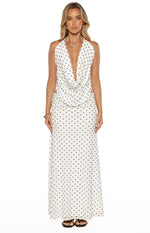 White polka dot mesh halter top with a deep cowl neckline and ruched side details