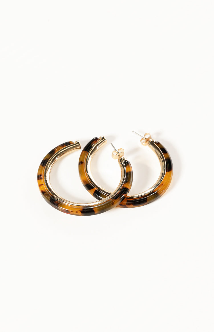 Tortoiseshell resin hoop earrings with gold-tone inner rim and visible stud posts