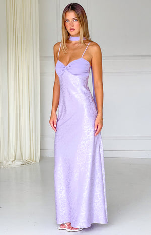 Beginning Boutique Ruthie Lilac Floral Satin Scarf Maxi Dress lilac floral satin maxi with twisted bust, spaghetti straps, sc