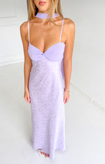 Front view of a lilac floral satin maxi dress with a twisted bust and matching neck scarf