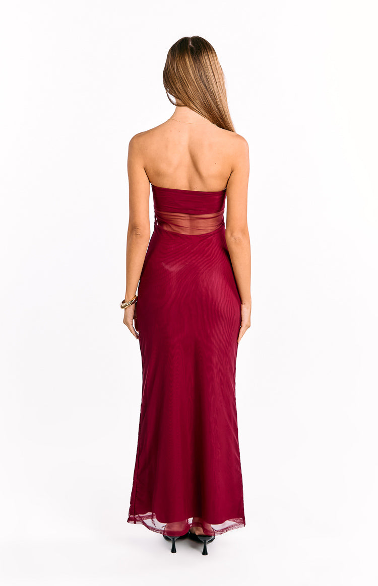 Ryker Wine Strapless Mesh Maxi Dress Image