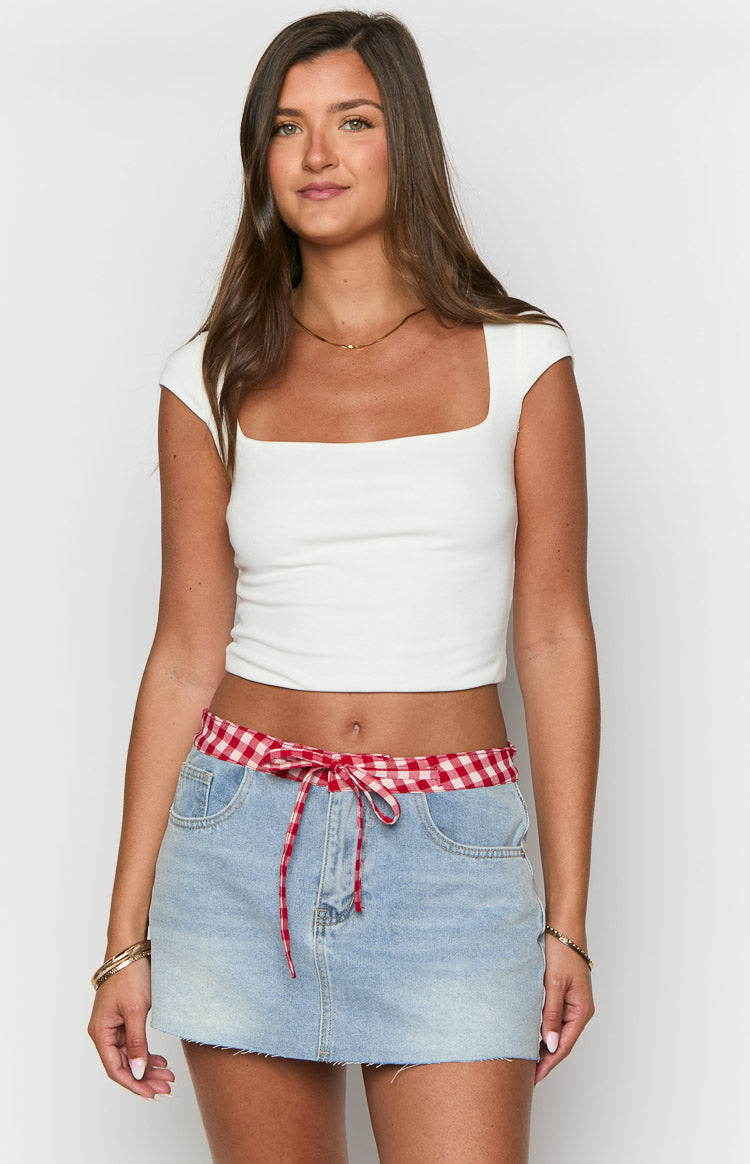 Fitted white ribbed crop top with a square neckline and short cap sleeves