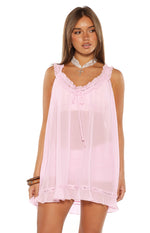 Pink sheer mini dress with frill trim V-neckline, tie-front detail, and frilled hem with lace trim