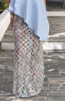 Beginning Boutique Sabella Blue Lace Sequin Maxi Skirt sheer blue lace maxi skirt with silver sequin floral pattern