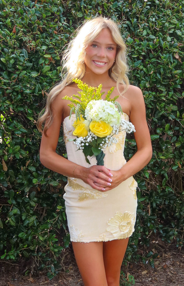 Beginning Boutique Sabrina Yellow Flower Applique Corset Party Mini Dress pale yellow strapless corset mini dress with 3D flo