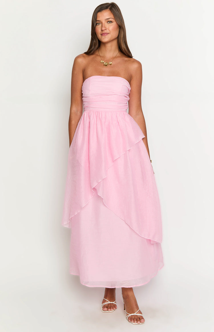 Pink strapless maxi dress with a ruched bodice and a tiered sheer overlay skirt