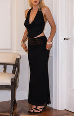 Saedee Black Mesh Sequin Band Maxi Skirt Image