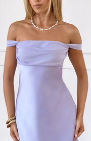 Draped off-the-shoulder neckline of a lilac mini dress, highlighting the smooth fabric and fitted silhouette