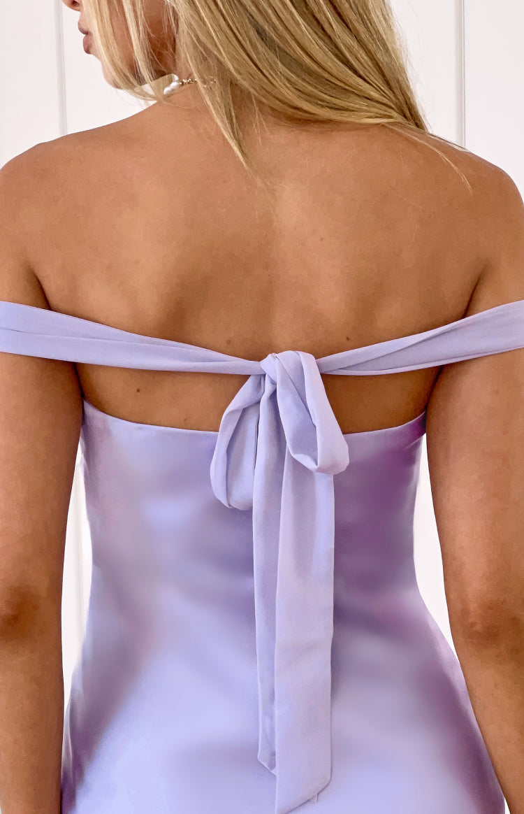 Rear view of a lilac off-shoulder mini dress with a tie-back detail