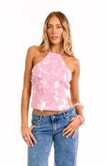 Santana Pink Sequin Halter Neck Top Image