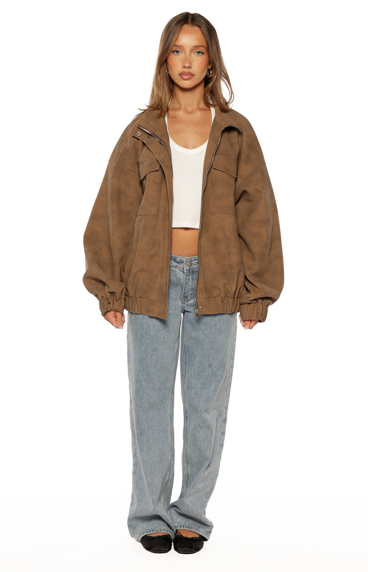 Oversized brown suedette jacket with a funnel neck, open front, and elasticated cuffs and hem