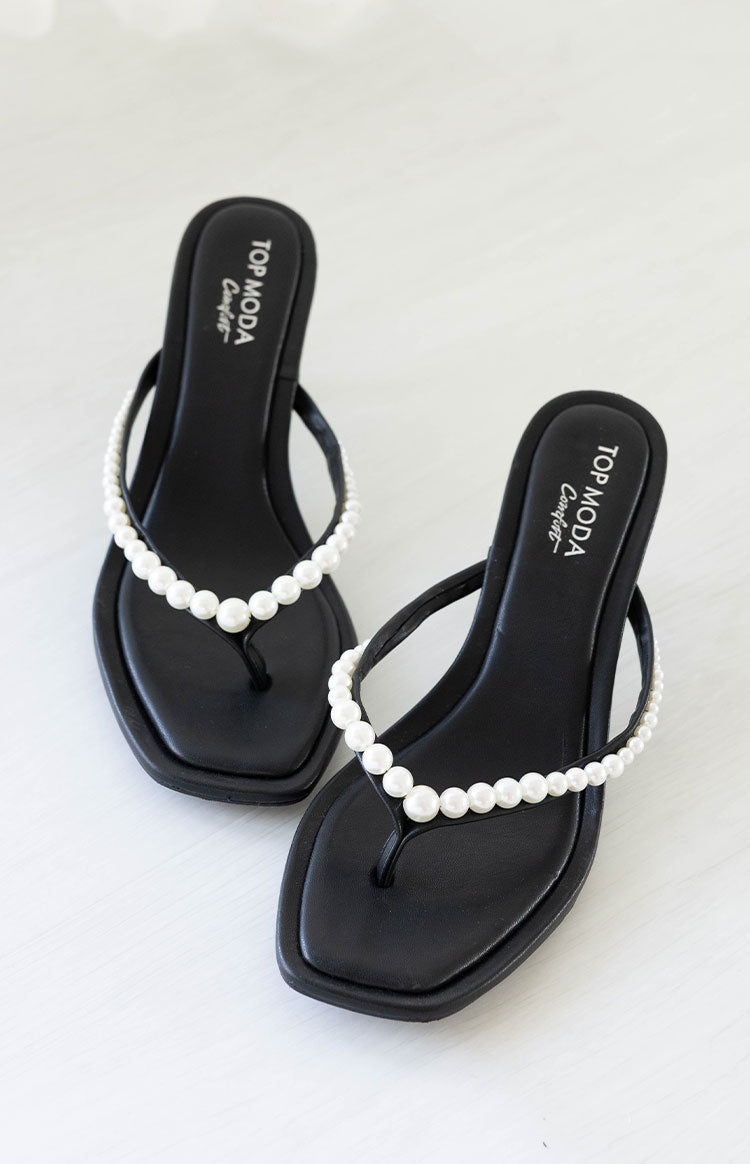Beginning Boutique Selena Black Pearl Detail Thong Heels black thong heels with white pearl straps and square toe