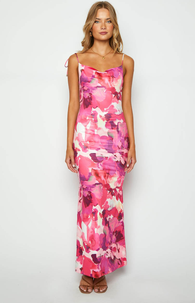 Pink abstract floral print maxi dress with a draped cowl neck and delicate tie shoulder straps