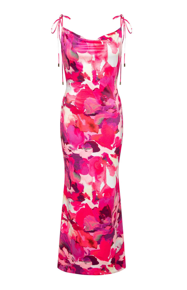 Vibrant pink abstract floral print maxi dress with a draped cowl neck and tie spaghetti straps