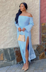 Shae Blue Satin Long Sleeve Maxi Dress Image