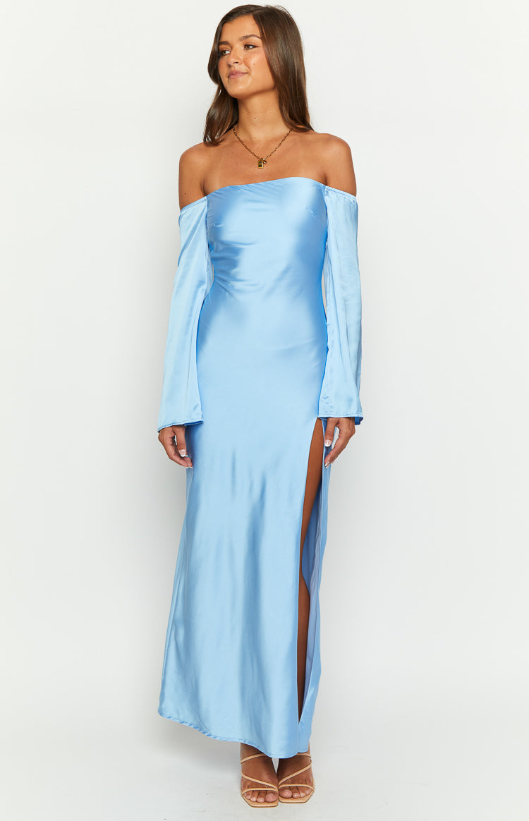 Shae Blue Satin Long Sleeve Maxi Dress Image