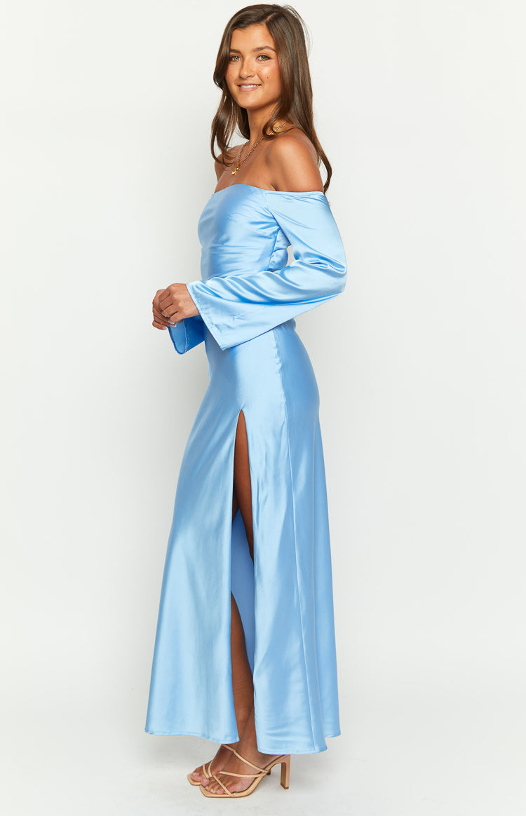 Side view of a blue satin maxi dress with an off-shoulder neckline, long bell sleeves, and a high side slit