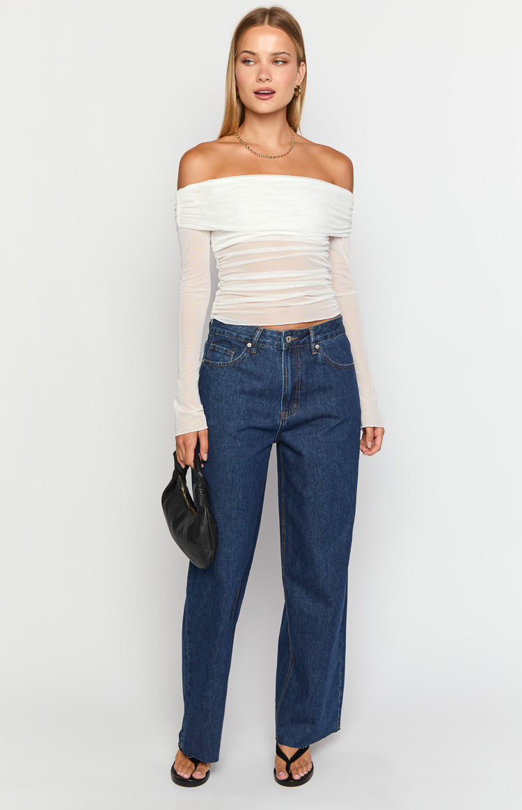 Dark wash denim wide leg boyfriend jeans with a high waist, classic five-pocket design, and relaxed fit