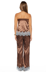 Rear view of brown satin wide-leg pants with light blue lace trim at the hem