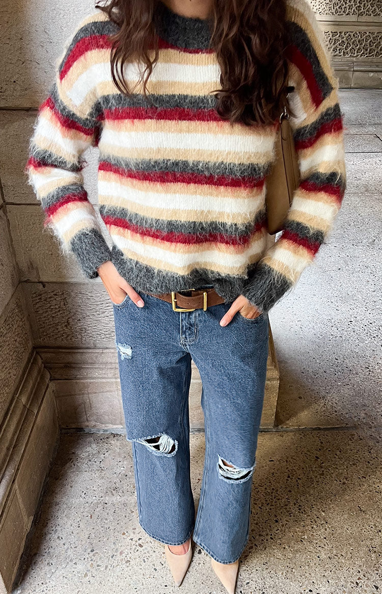 Beginning Boutique Sicily Multi Stripe Oversized Sweater multi stripe fluffy oversized sweater with crew neck, long sleeves