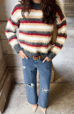 Beginning Boutique Sicily Multi Stripe Oversized Sweater multi stripe fluffy oversized sweater with crew neck, long sleeves