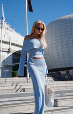 Simona Blue Long Sleeve Off Shoulder Knit Top Image