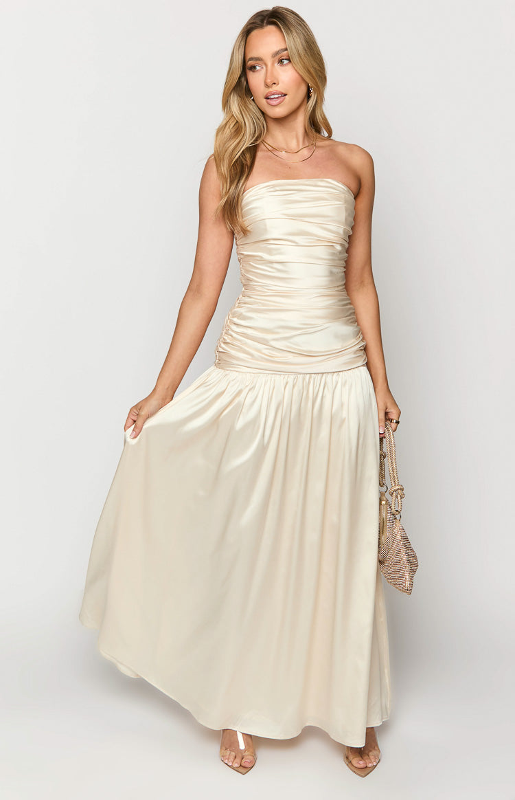Cream satin strapless maxi dress with a ruched bodice and a flowy gathered skirt