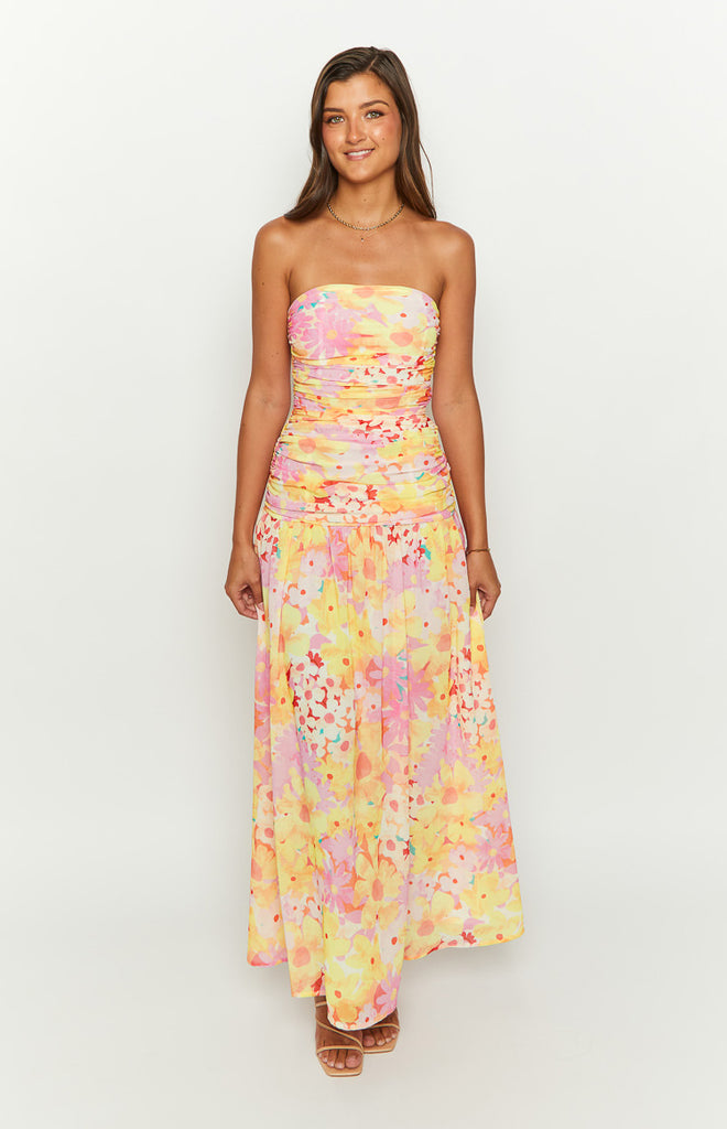 Sinclair Yellow Floral Print Strapless Maxi Dress – Beginning Boutique