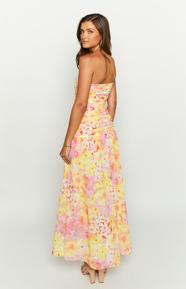 Sinclair Yellow Floral Print Strapless Maxi Dress – Beginning Boutique