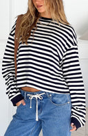 Beginning Boutique So Breezy Navy Stripe Long Sleeve Top navy and white striped relaxed fit crew neck long sleeve top with ri